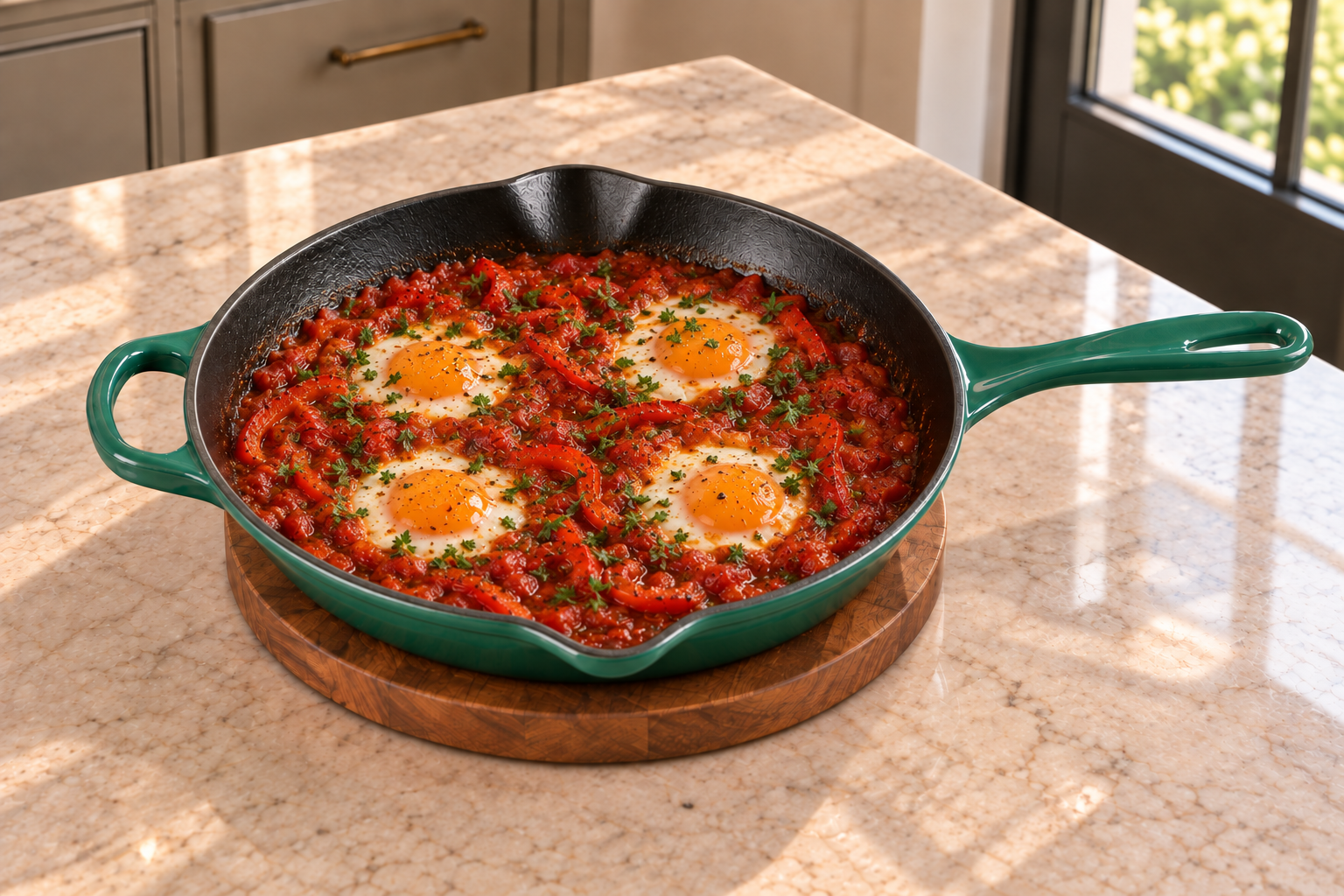 Meatless shakshuka with four softly cooked eggs in tomato and red pepper sauce