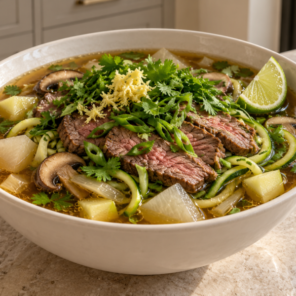 Full GAPS Bun Bo Hue with zucchini noodles sliced steak mushrooms daikon ginger and herbs