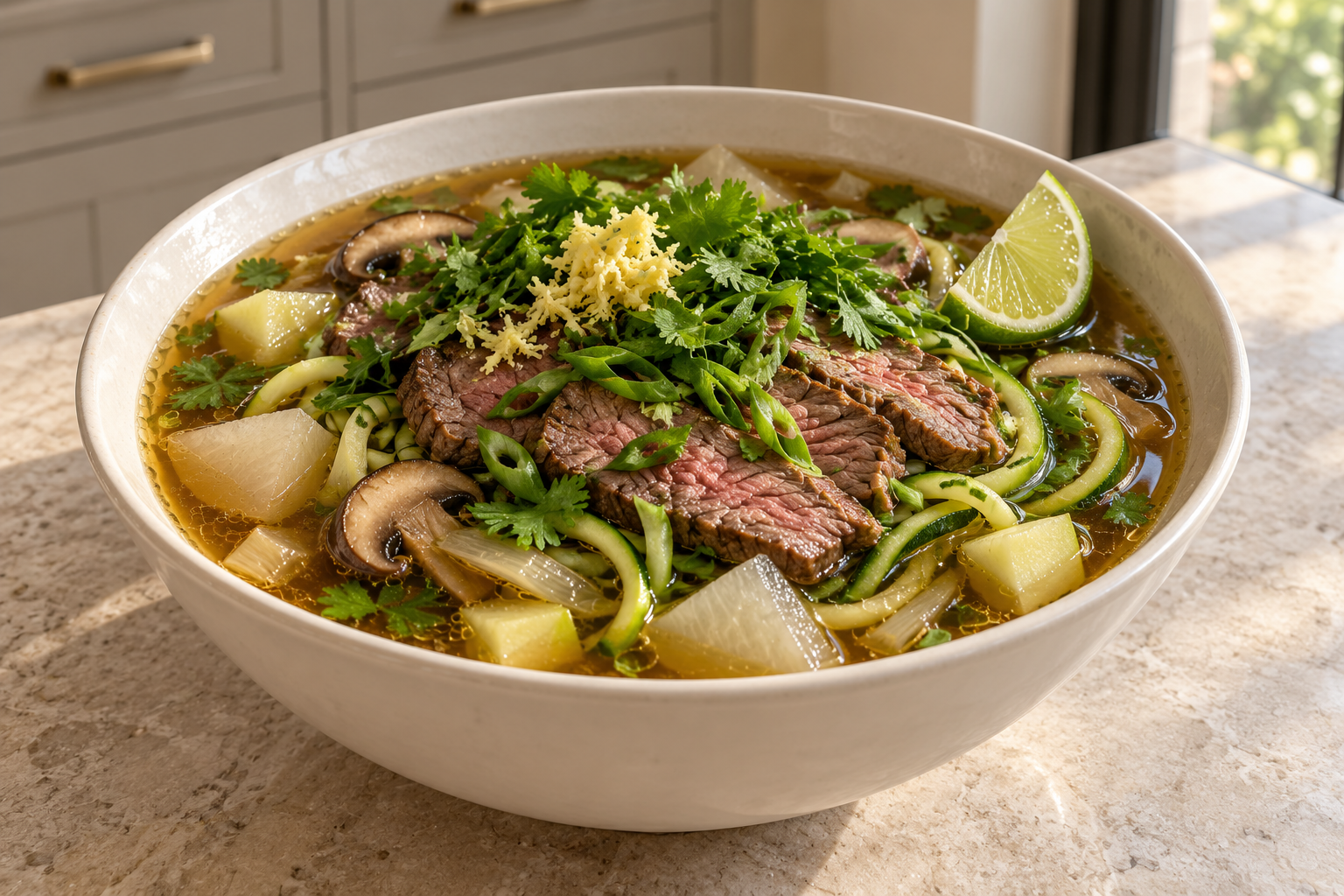 Full GAPS Bun Bo Hue with zucchini noodles sliced steak mushrooms daikon ginger and herbs