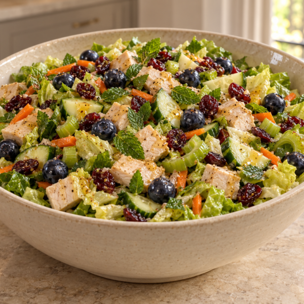 Blueberry chicken chopped salad with dried cranberries, romaine, cucumber, celery, carrot, and mint for Full GAPS