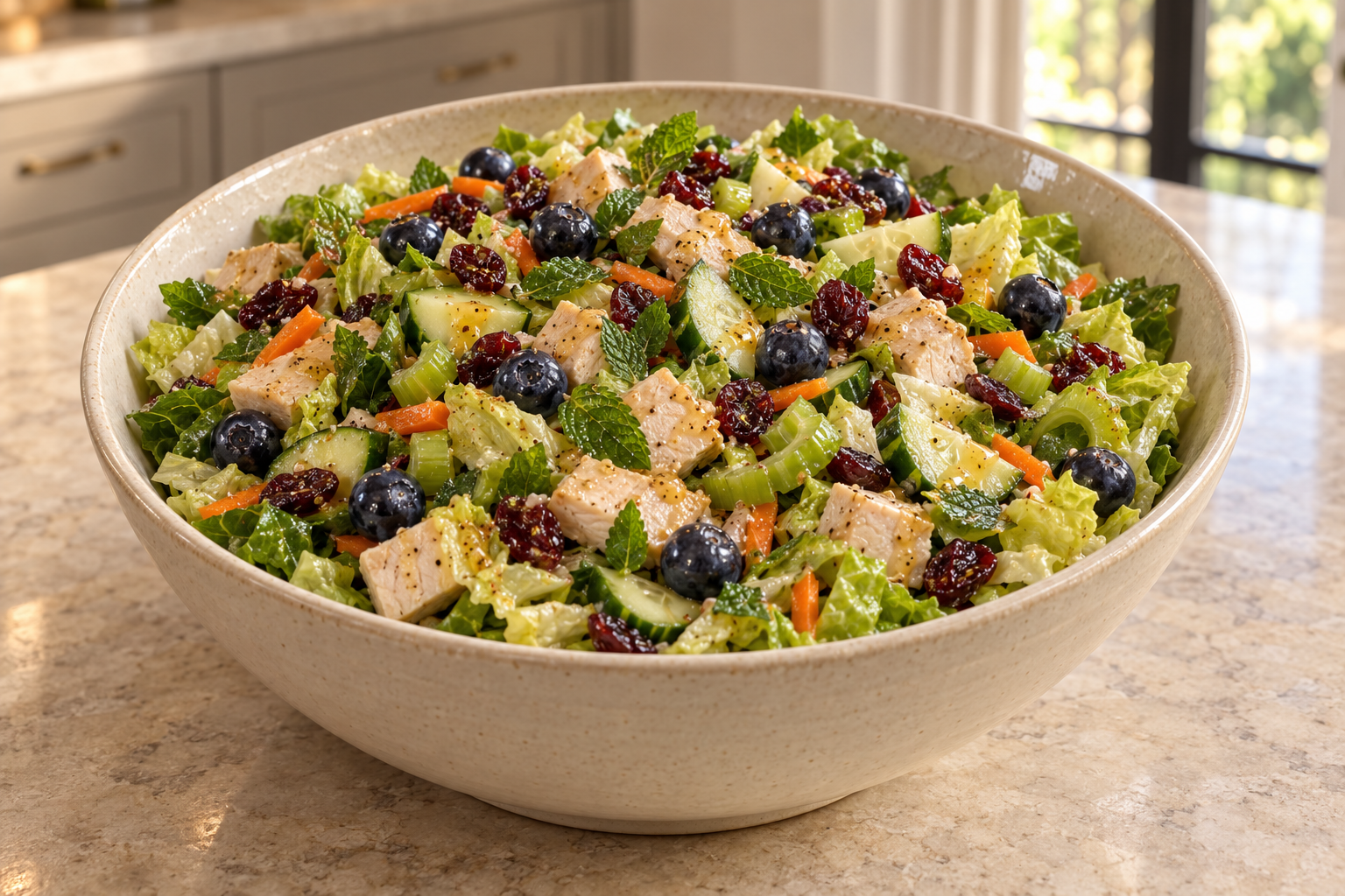 Blueberry chicken chopped salad with dried cranberries, romaine, cucumber, celery, carrot, and mint for Full GAPS