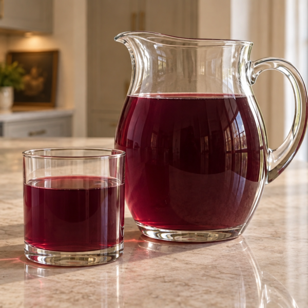 Glass pitcher and tumbler of strained lavender blueberry switchel in the WFLI kitchen