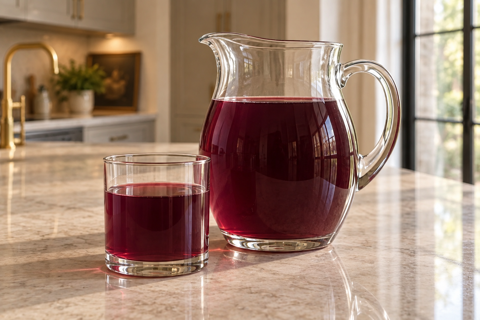 Glass pitcher and tumbler of strained lavender blueberry switchel in the WFLI kitchen
