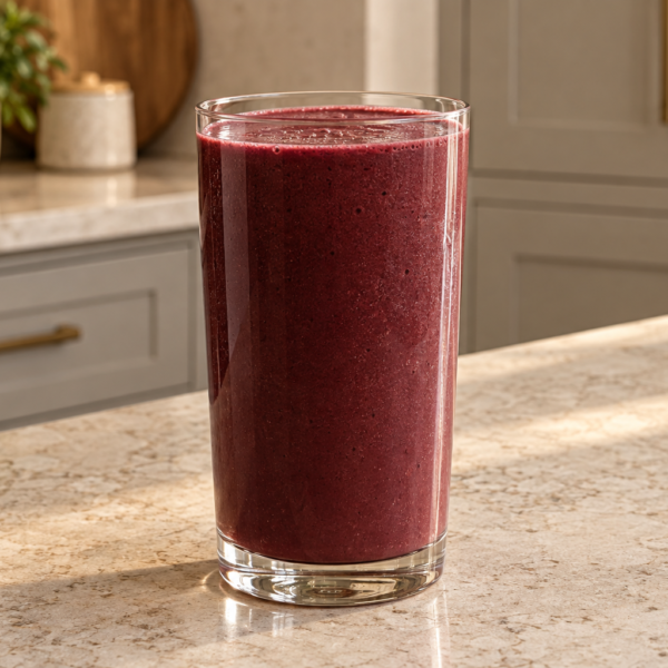 Cold cacao beet smoothie with homemade coconut milk in a tall clear glass