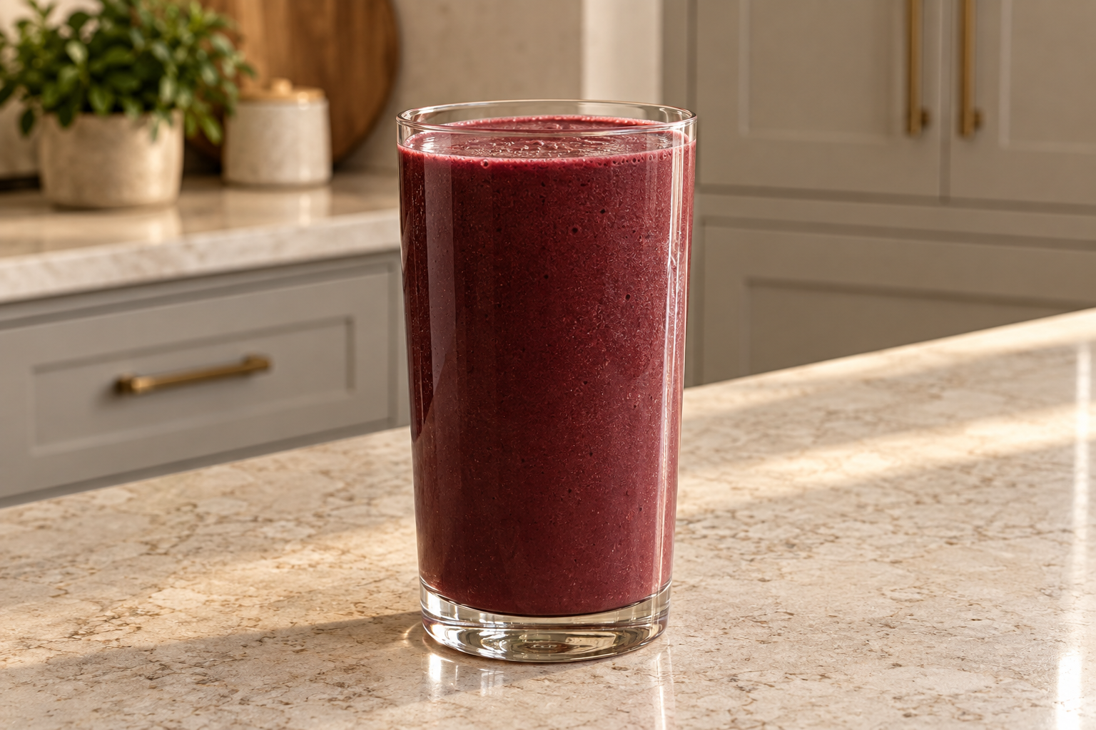Cold cacao beet smoothie with homemade coconut milk in a tall clear glass