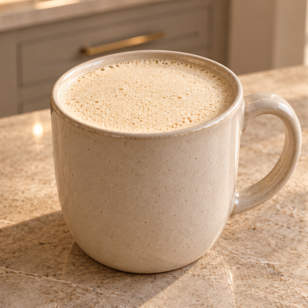 Foamy Full GAPS Butter Tea in a cream ceramic mug