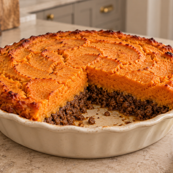 Full GAPS carrot and beef pie with browned mashed carrot topping and seasoned ground beef layer