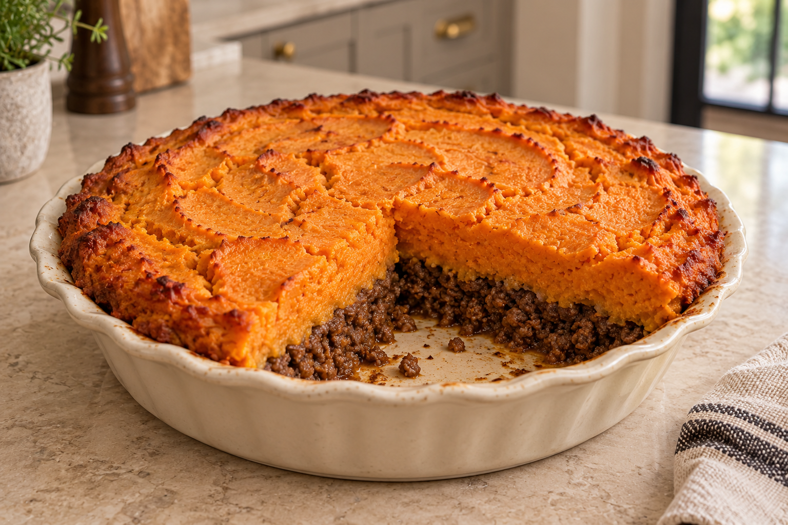 Full GAPS carrot and beef pie with browned mashed carrot topping and seasoned ground beef layer