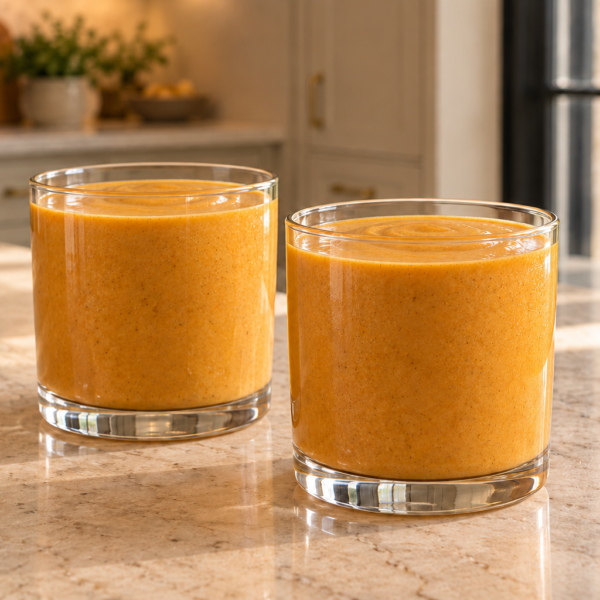 Two glasses of creamy orange-gold carrot cinnamon smoothie in the WFLI kitchen