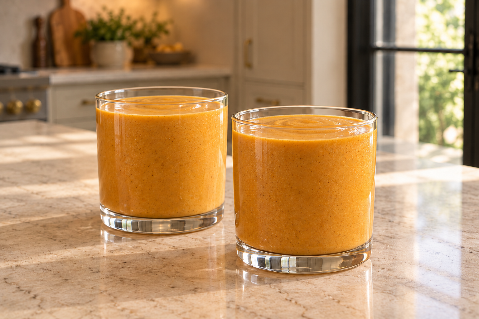 Two glasses of creamy orange-gold carrot cinnamon smoothie in the WFLI kitchen