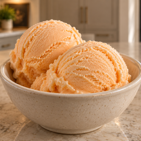 Two scoops of pale cantaloupe sour cream ice cream in a cream ceramic bowl