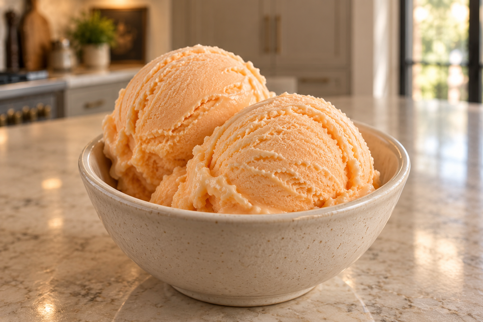 Two scoops of pale cantaloupe sour cream ice cream in a cream ceramic bowl