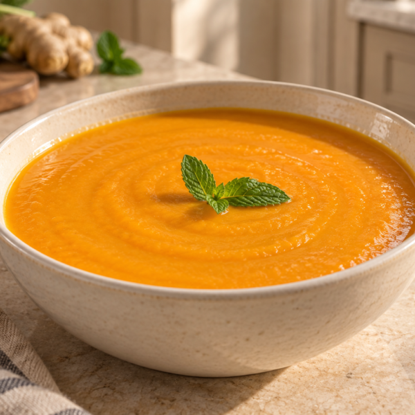 Silky Full GAPS carrot ginger soup with fresh mint in a cream ceramic bowl