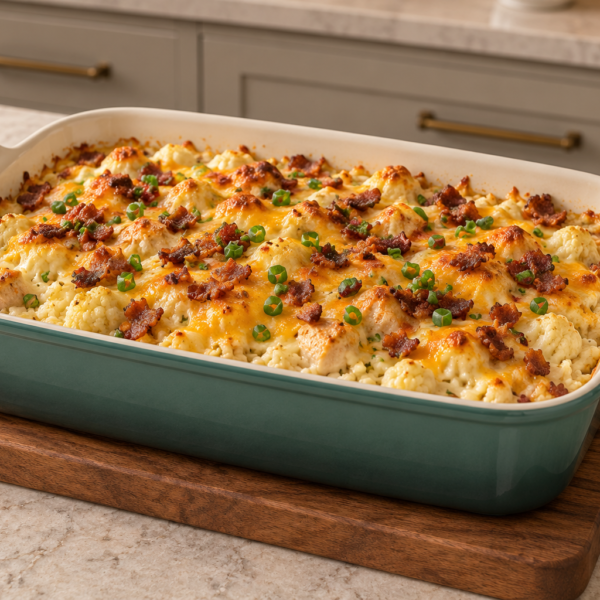 Cauliflower chicken au gratin with cheddar, bacon and green onion in an Artichaut casserole dish