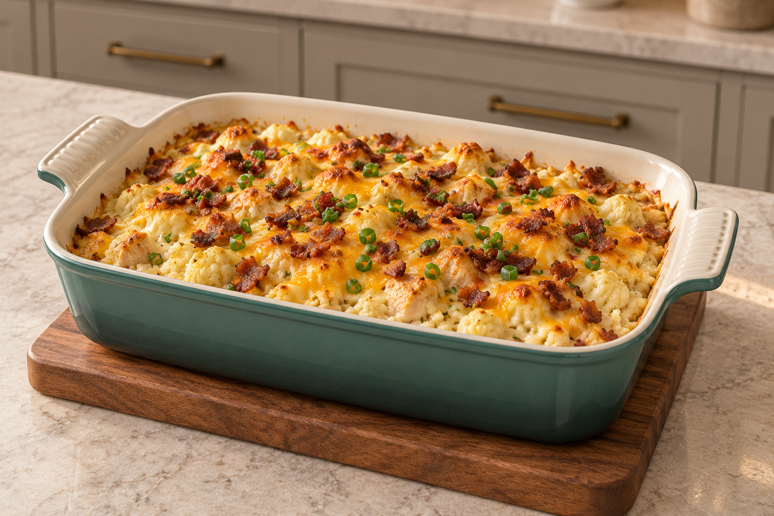 Cauliflower chicken au gratin with cheddar, bacon and green onion in an Artichaut casserole dish