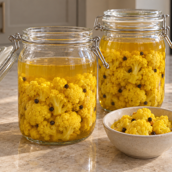 Two jars and a bowl of turmeric fermented cauliflower pickles with black pepper for Full GAPS
