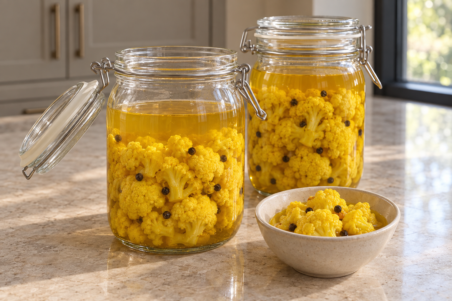 Two jars and a bowl of turmeric fermented cauliflower pickles with black pepper for Full GAPS