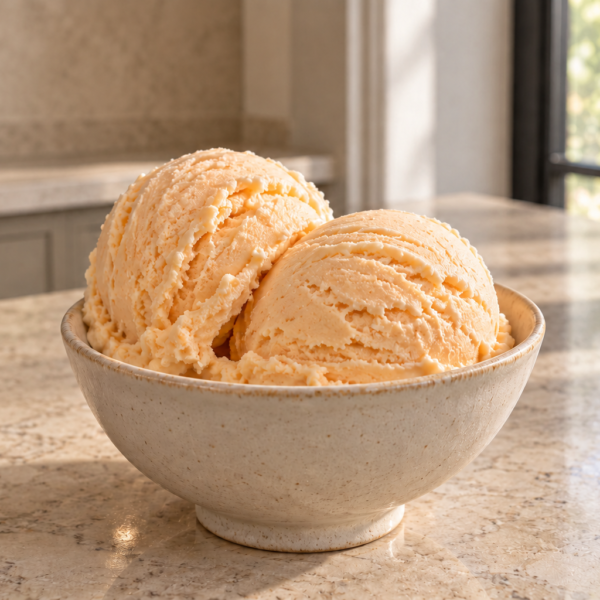 Two scoops of pale cantaloupe coconut milk ice cream in a cream ceramic bowl