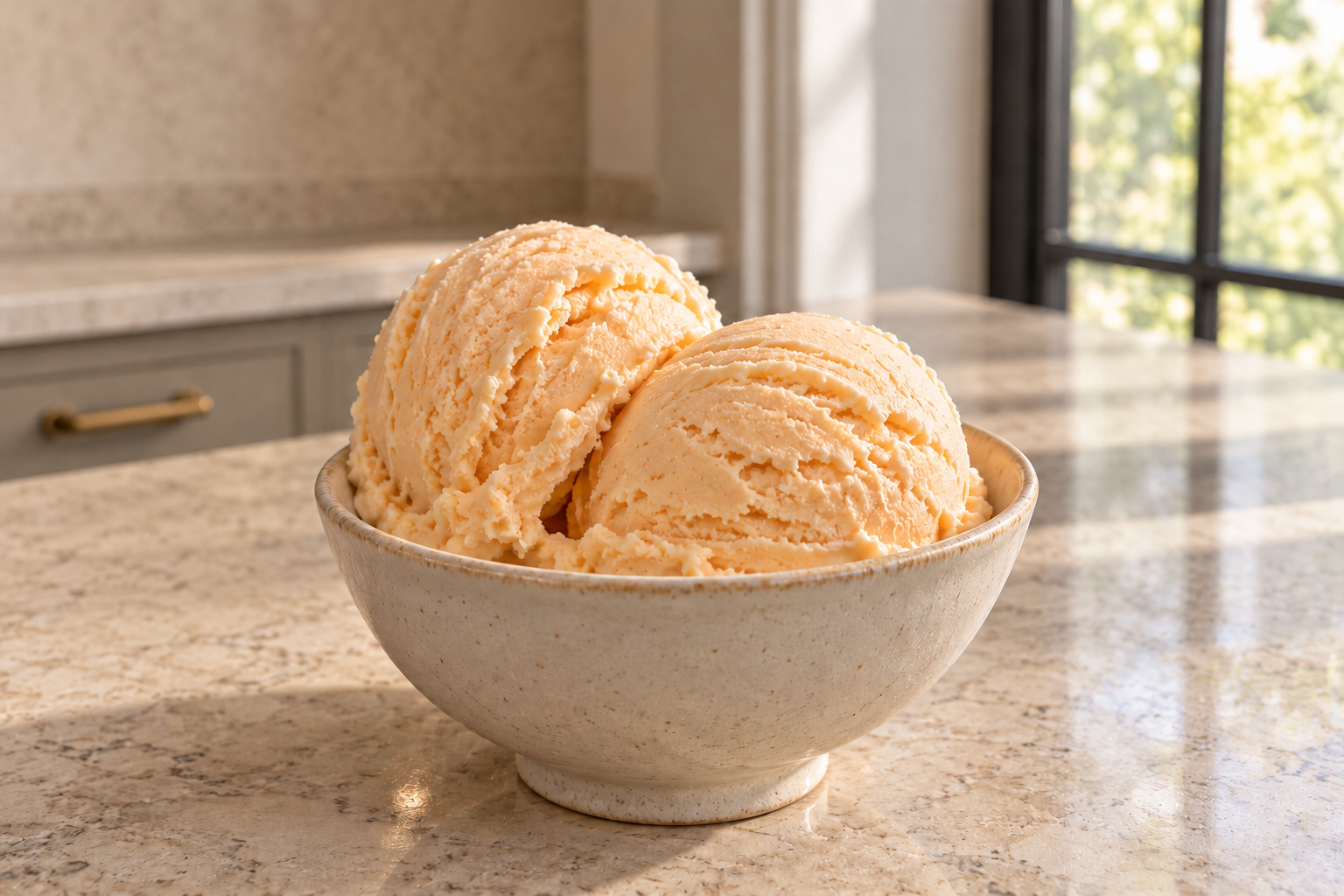 Two scoops of pale cantaloupe coconut milk ice cream in a cream ceramic bowl