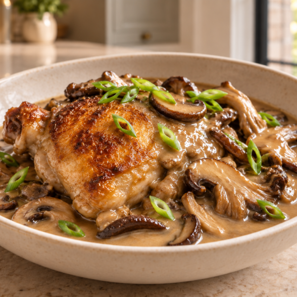 Roasted chicken thigh with creamy wild mushroom gravy and green onions