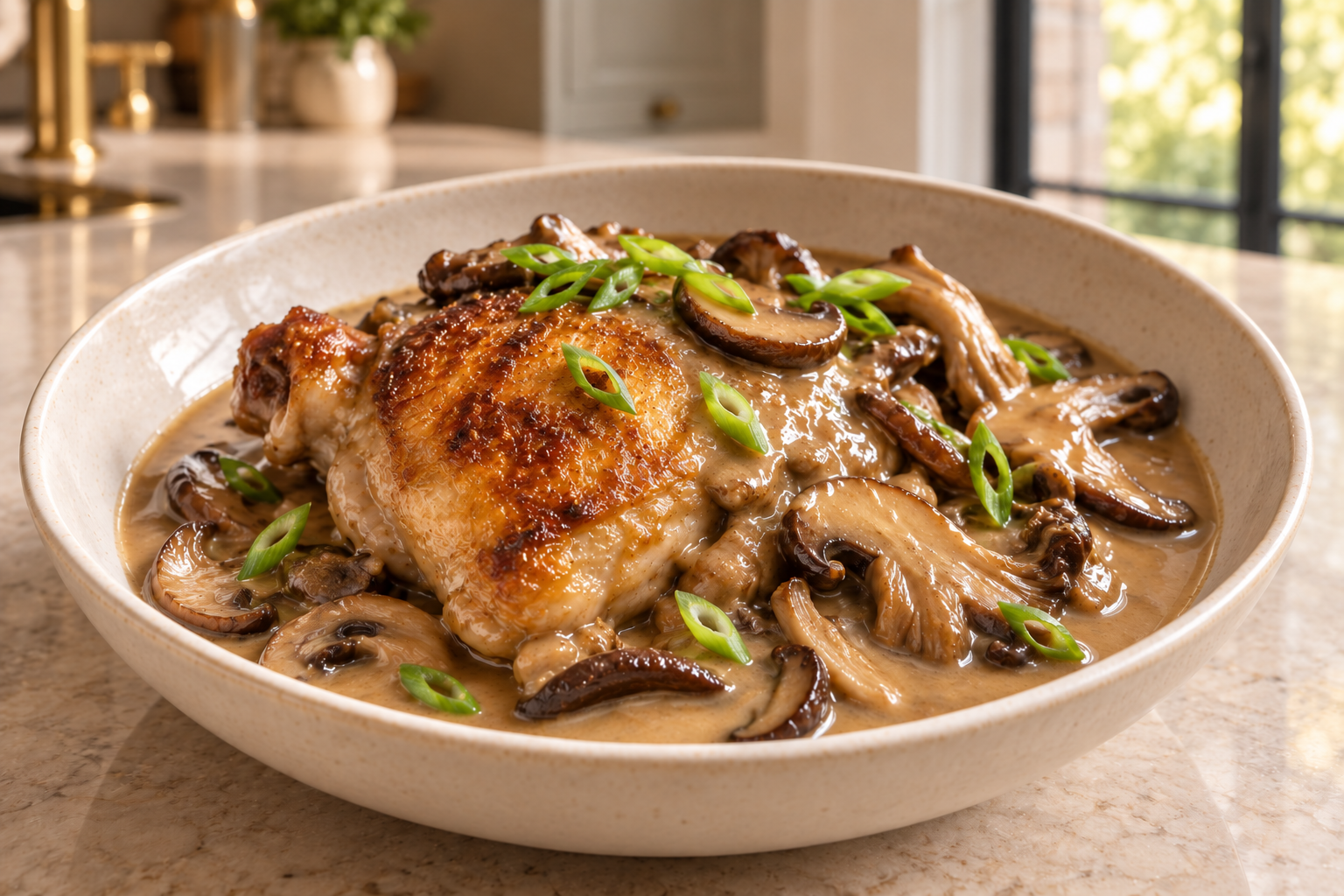 Roasted chicken thigh with creamy wild mushroom gravy and green onions