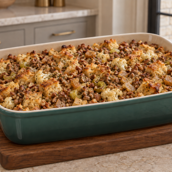 Full GAPS sausage stuffing with cauliflower, pecans, and dried pears