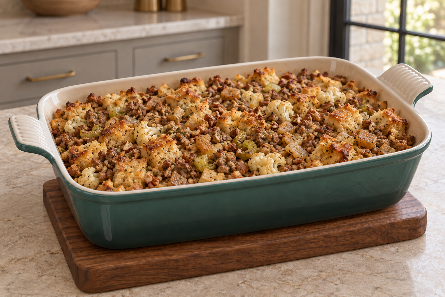 Full GAPS sausage stuffing with cauliflower, pecans, and dried pears