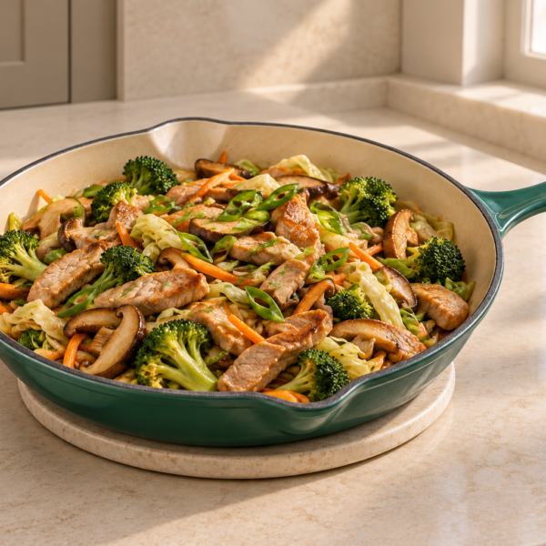 Full GAPS Chinese hot and sour pork stir fry in an Artichaut skillet