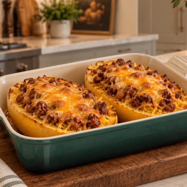 Full GAPS chorizo-stuffed spaghetti squash topped with melted aged cheddar in a Le Creuset Artichaut baking dish