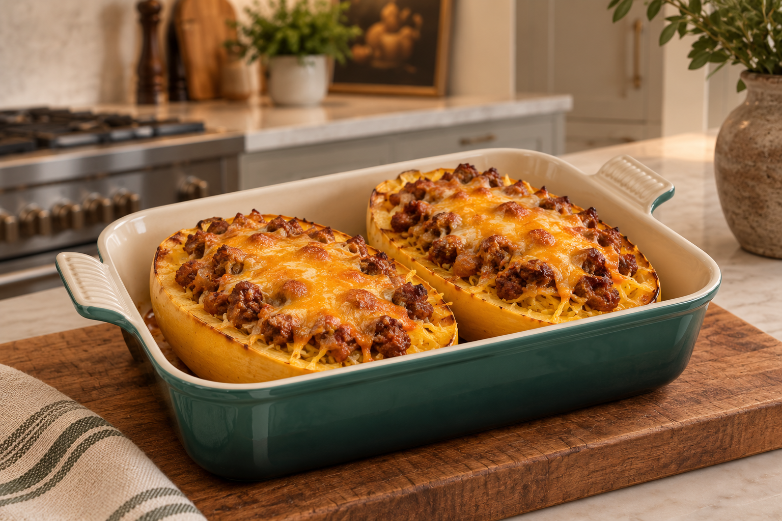 Full GAPS chorizo-stuffed spaghetti squash topped with melted aged cheddar in a green Le Creuset Artichaut baking dish
