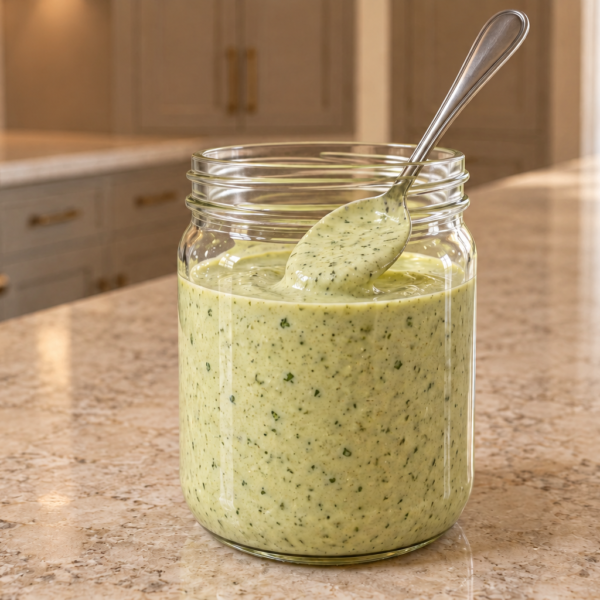 Pale green cilantro lime ranch dressing in a clear glass jar with a supported spoon