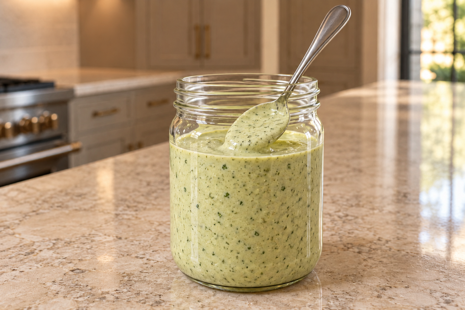 Pale green cilantro lime ranch dressing in a clear glass jar with a supported spoon