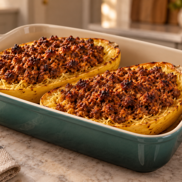 Dairy-free Full GAPS chorizo-stuffed spaghetti squash in a Le Creuset Artichaut baking dish