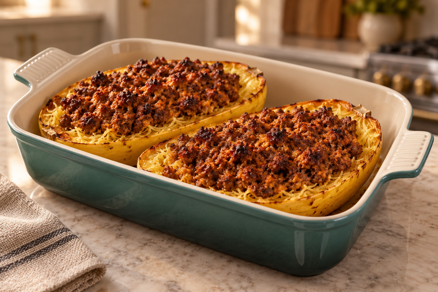 Dairy-free chorizo-stuffed spaghetti squash in a green Le Creuset Artichaut baking dish