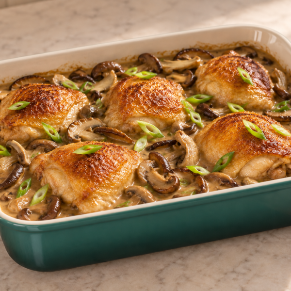 Finished Chinese chicken and wild mushroom casserole in an Artichaut baking dish