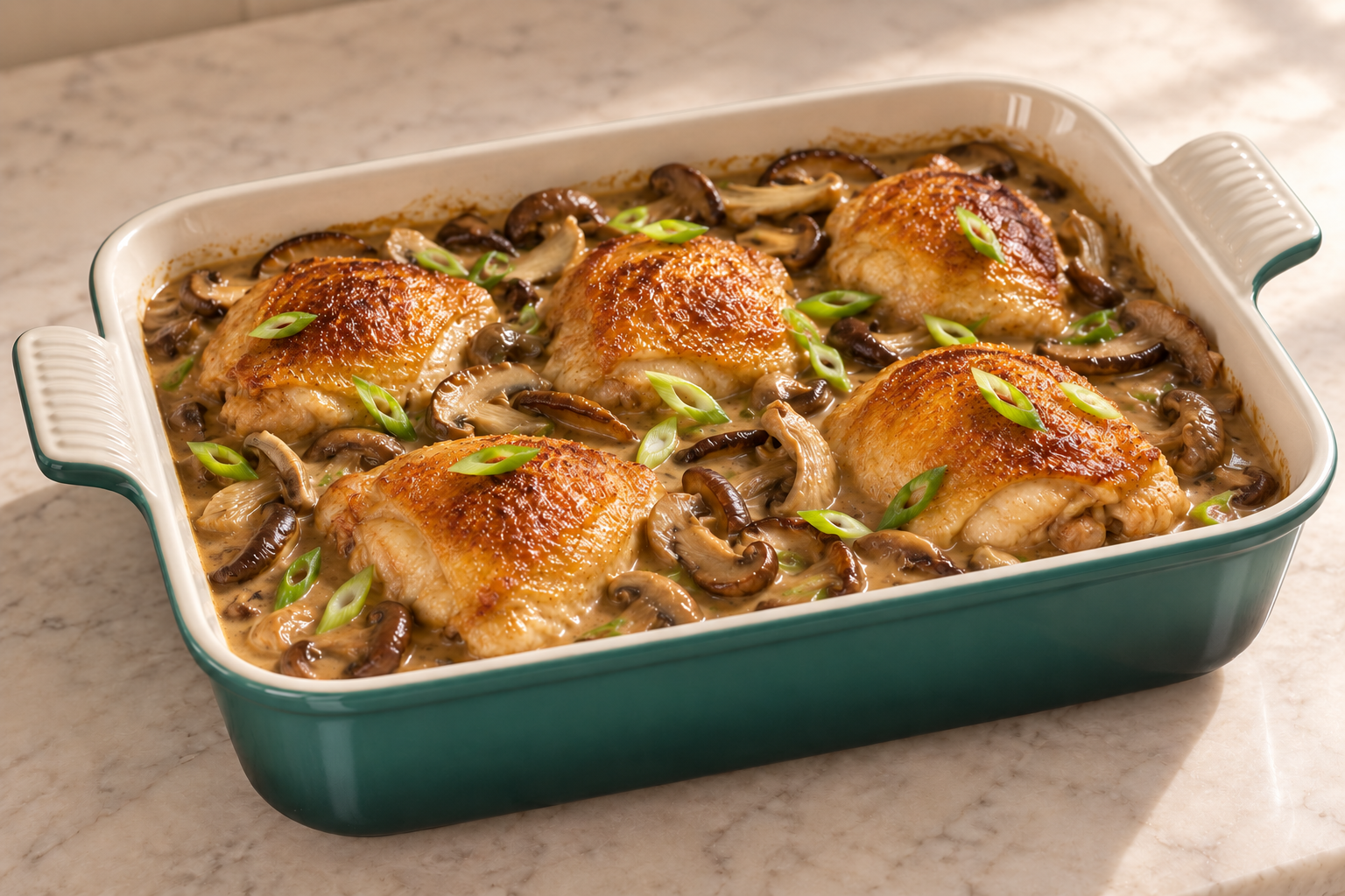 Finished Chinese chicken and wild mushroom casserole in an Artichaut baking dish