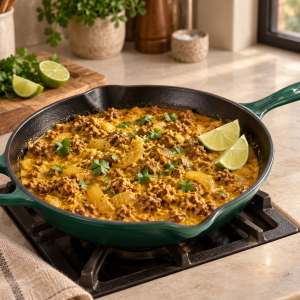 Full GAPS coconut ground beef curry with turmeric, ginger, onion and cilantro in an Artichaut skillet