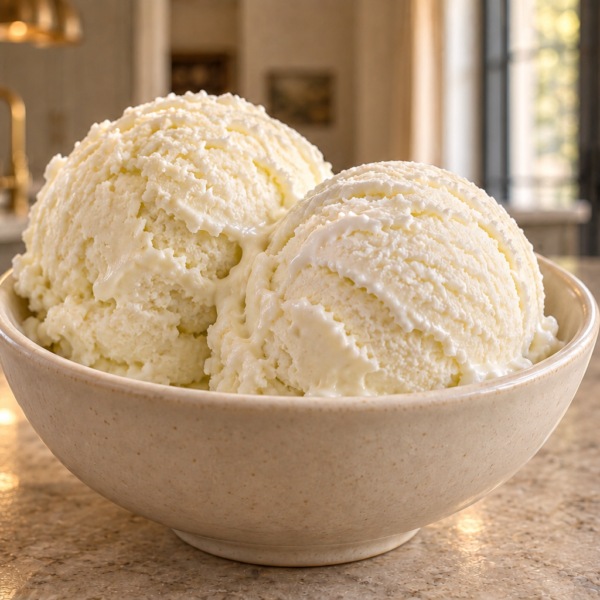 Two scoops of white coconut lime ice cream in a cream ceramic bowl