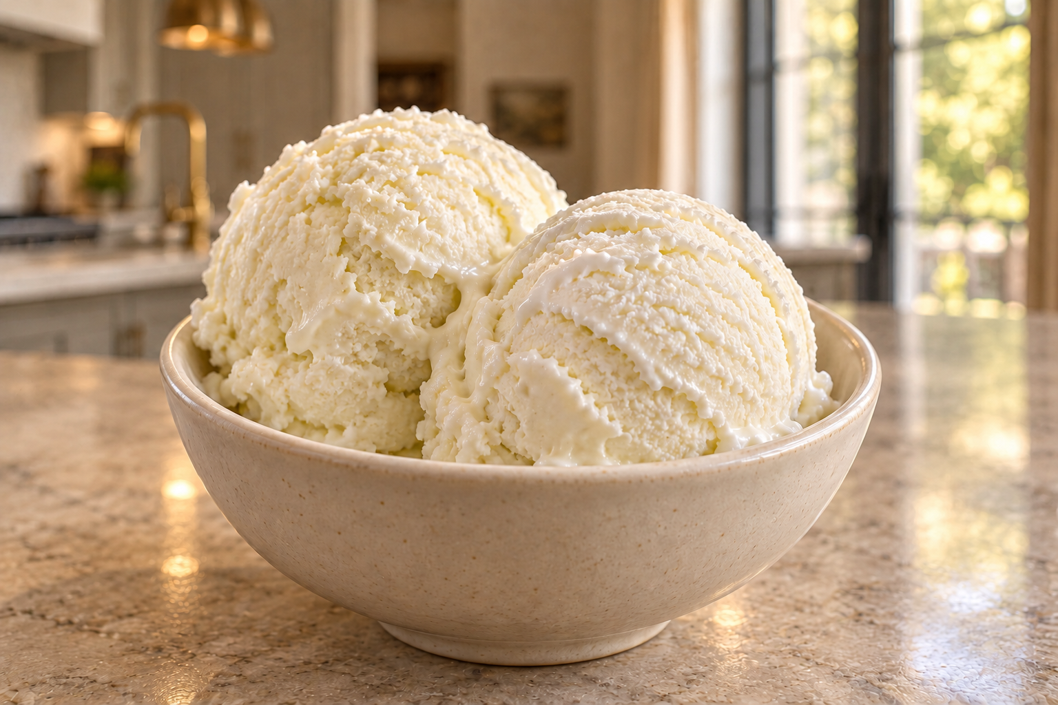 Two scoops of white coconut lime ice cream in a cream ceramic bowl