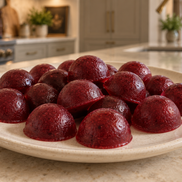 Opaque whole-cranberry gummies sweetened with raw honey on a cream ceramic plate