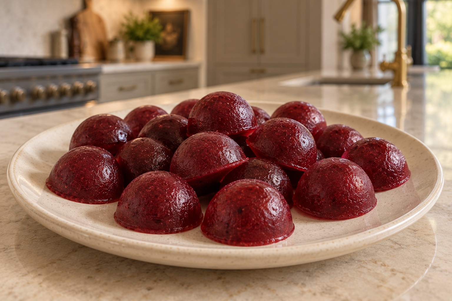 Opaque whole-cranberry gummies sweetened with raw honey on a cream ceramic plate
