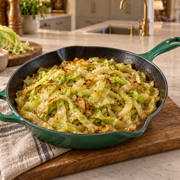 Full GAPS braised cabbage noodles with browned edges and glossy pan juices in an Artichaut skillet