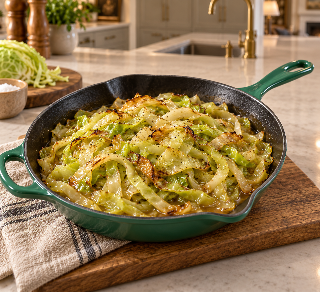 Full GAPS braised cabbage noodles with browned edges and glossy pan juices in an Artichaut skillet