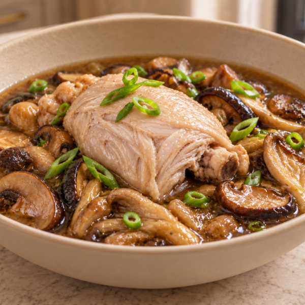 Skinless gentle-poached chicken thigh with wild mushroom gravy and green onions