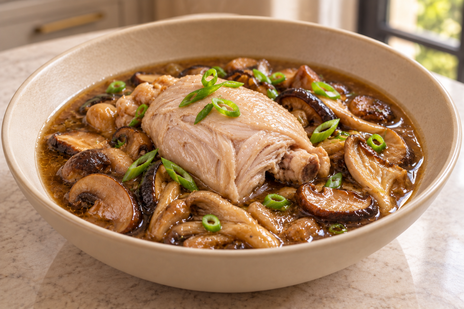 Skinless gentle-poached chicken thigh with wild mushroom gravy and green onions