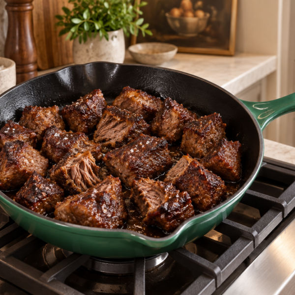Full GAPS crispy stew beef with browned edges and tender centers in an Artichaut skillet