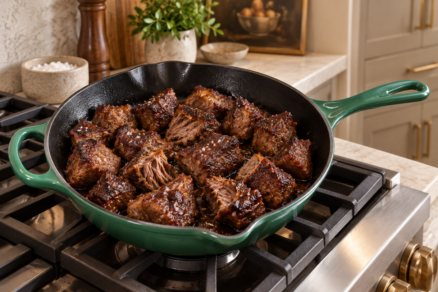 Full GAPS crispy stew beef with browned edges and tender centers in an Artichaut skillet