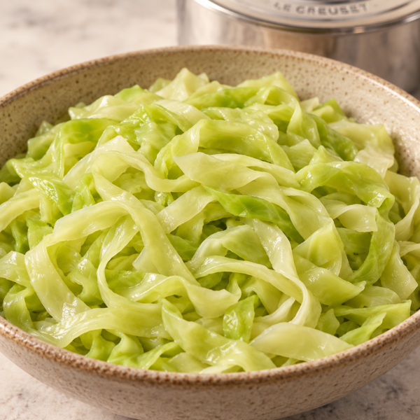 Tender Full GAPS boiled cabbage noodles fully drained in a shallow stoneware bowl