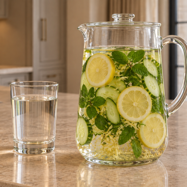 Full GAPS cucumber lemon mint ginger infused water in a covered glass pitcher