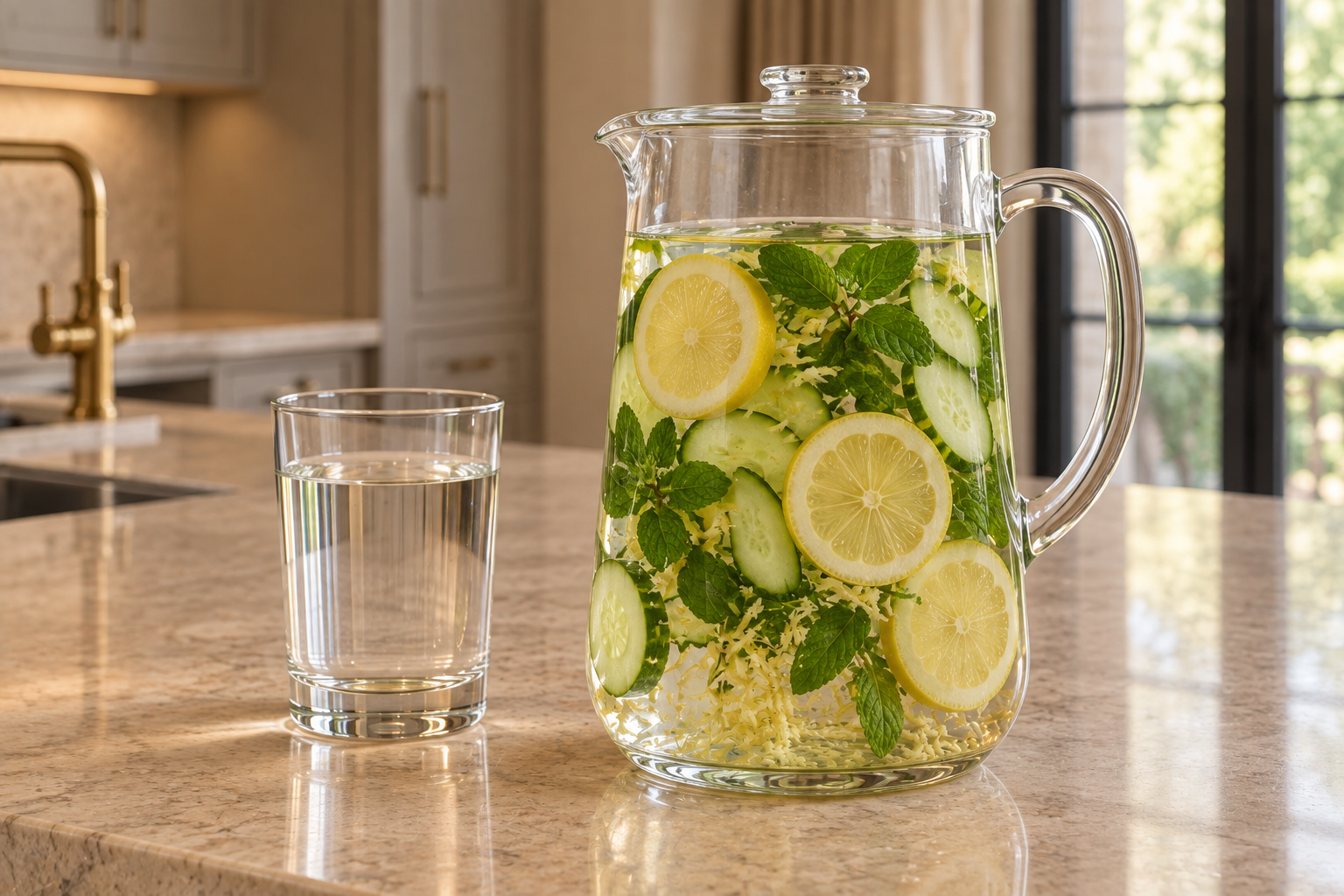 Full GAPS cucumber lemon mint ginger infused water in a covered glass pitcher